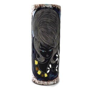 Small Hand Etched Bouffant Hair Woman Ceramic Vase
